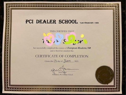 SR Certificate from PCI Dealer School!