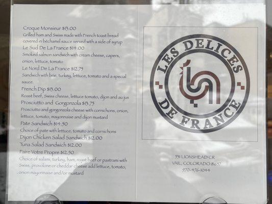 Menu as of March 2023