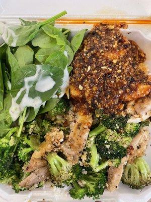 Spicy Garlic Shrimp; Salt, Pepper; & Garlic Chicken on a bed of white rice with salad and broccoli!