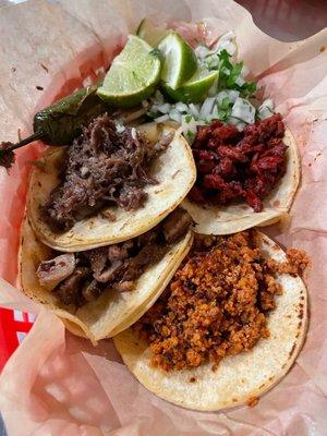 Barbacoa, Trompo, Lengua, and Chorizo Tacos on corn tortilla