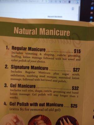 Glamour Nails Natural Manicure Menu with prices buffing included