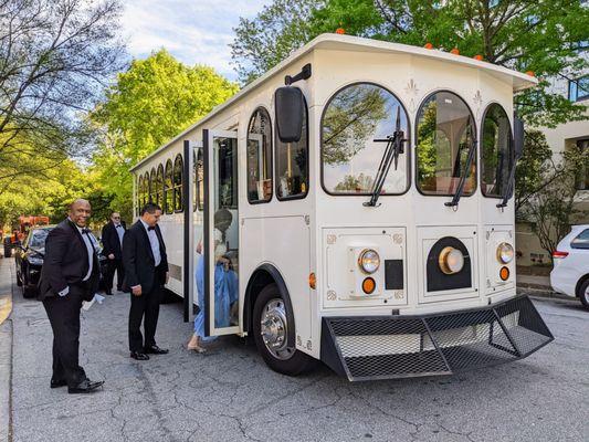 We chartered the 32-seat white trolley, The Swan, for our wedding. Picking up the groom and groomspeople at the InterContinental Buckhead.