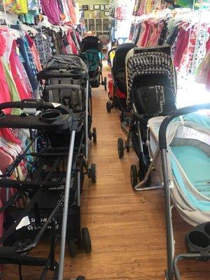 Strollers randomly placed. They have a large space but don't regulate their stock.