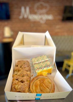 Our goodies for the weekend: apple strudel, Pear Almond Tart, and mango cake slice! Yum!