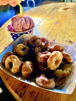 Glazed mini donuts and strawberry ice cream!