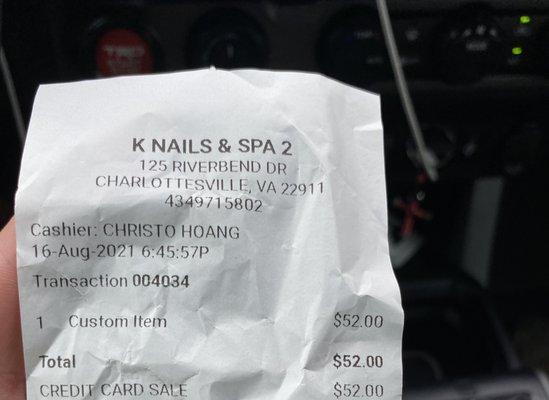 Receipt paid full price since salon would not accept an "expired" gift certificate.