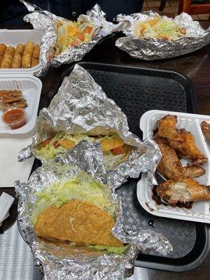 Teriyaki Wings, hard  Shrimp Taco soft Shrimp Taco Mozzarella Cheese Sticks, soft Chicken Taco, hard chicken taco