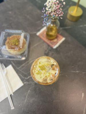 Kanafa cheesecake & Pistachio Oat Milk iced latte. YUM!!