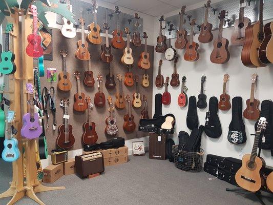 Lots of ukuleles, uke bags-hard or soft, books, strings, straps, etc.