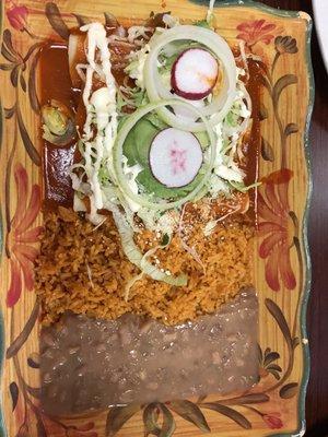 Enchiladas with delicious homemade rice and beans