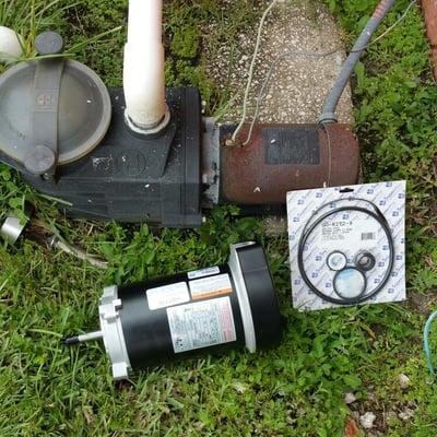 Here we're replacing a blown swimming pool pump motor. Sitting next to it is the new motor with all of the seals, gaskets and...