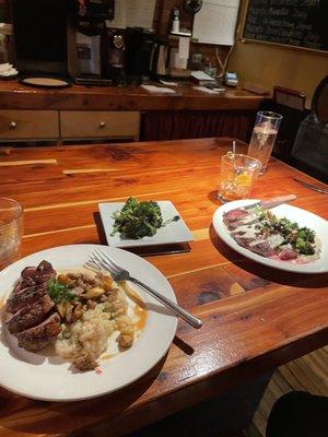 Flat iron steak on the right, duck breast on the left. Got a side of broccoli to go with the duck