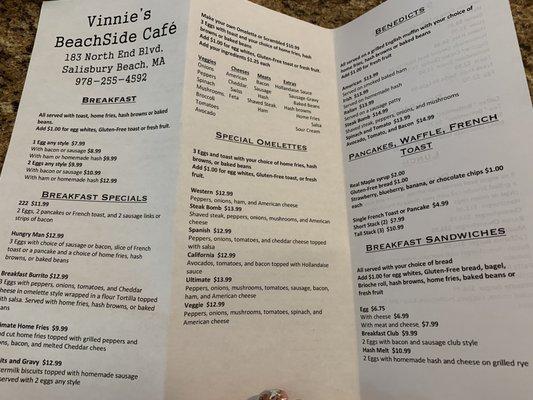 Vinnie's Beachside Cafe Menu