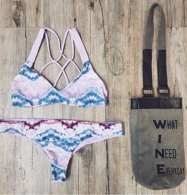 B Swim reversible bikini. Betty Belts anklet made locally in Ventura. Mona B wine bag made of recycled military tarps and tents.