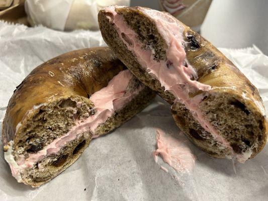 Cinnamon raisin bagel with strawberry cream cheese