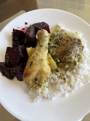 Coconut braised chicken with roasted beets and coconut rice. Healthy and delicious!