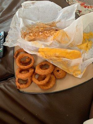 Cheese Dog, Chili Dog and Onion Rings