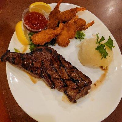 Steak and shrimp, medium (cooked perfectly), with mashed potatoes