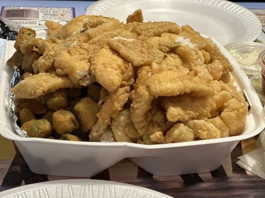 3 combo plate must have weighed 4 lbs.  Fried flounder, sweet "green tailed" shrimp, calabash shrimp, fried okra