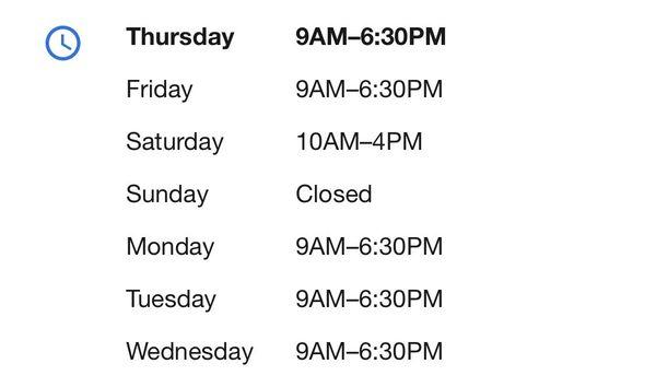 Updated business hours found on Google