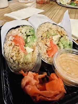 BYO sushi burrito: brown rice, ginger, cucumber, tofu, avocado, broccoli, cucumber & crunchy tempura.