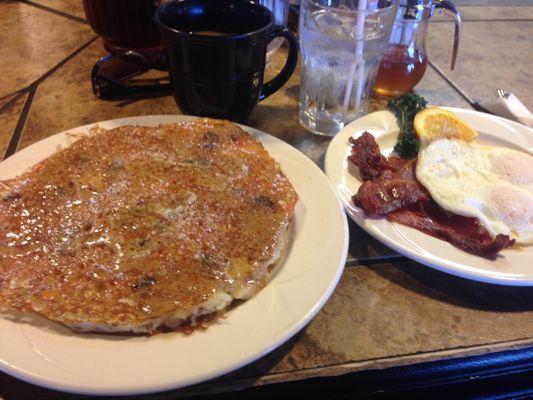 Carrot Cake Pancakes with a side of eggs and bacon.