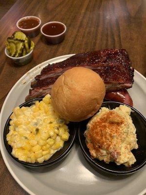 Ribs, Sausage, Potato Salad, and Jalapeño Sweet Corn.