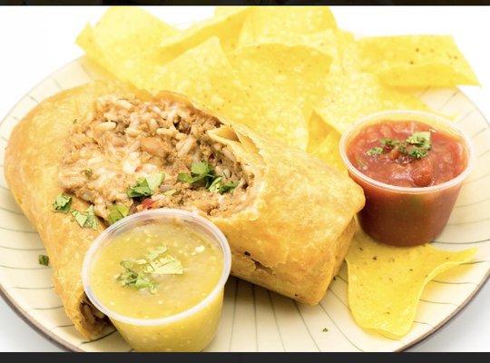 Deep Fried Burrito with freshly prepared nacho chips