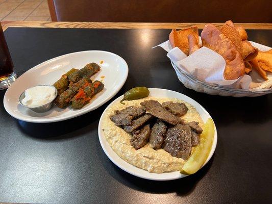 Grape leaves and the small hummus topped with gyro meat