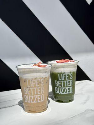 strawberries & cream best drink ever and strawberries & cream matcha (limited time only)