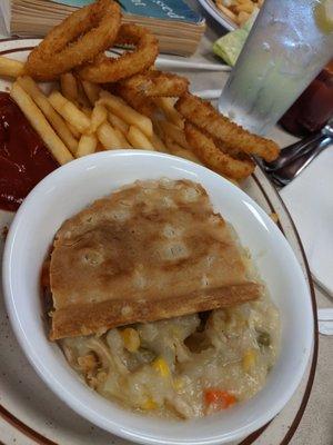 Chicken pot pie, french fries and onion rings