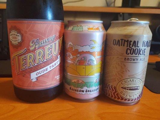 A Bruery Terreux standard: Oude Tart, Prairie Artisan Ales' Rainbow Sherbet, and Cigar City Brewing's Oatmeal Raisin Cookie brown ale