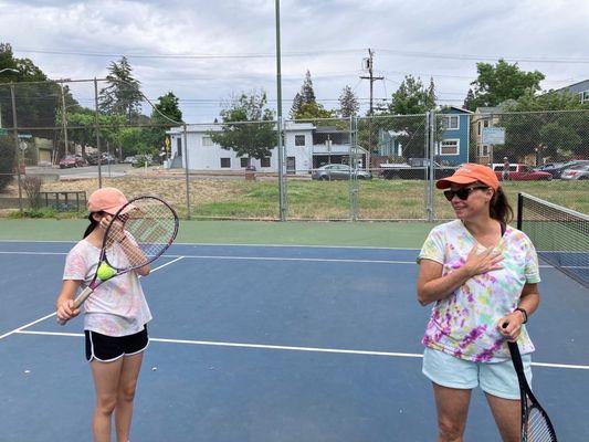 How fun to catch the ball in the throat with Patton School of Tennis.