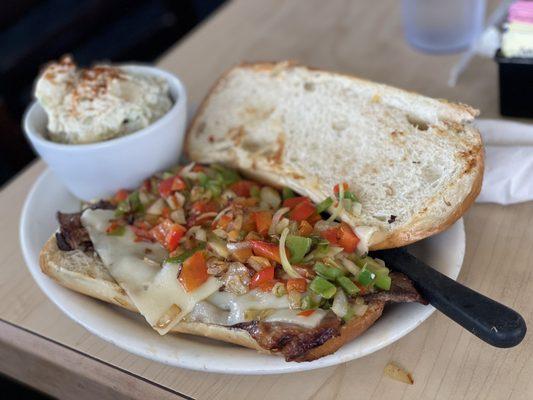 Philly Cheese Steak Sandwich and potato salad