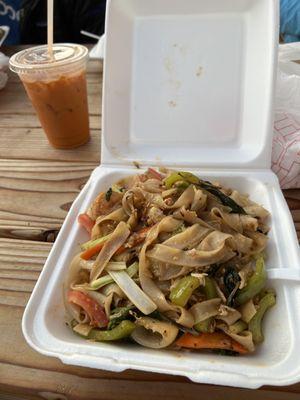 Thai iced tea and shrimp drunken noodles