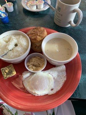 Egg, grits, biscuit, gravy and my requested brown sugar