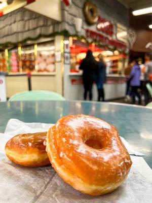 Maple bar and a glazed donut