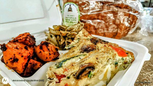 Organic Veg Frittata w/ Organic Potatoes + Pesto Penne. Tori, thanks for slicing a fresh loaf of NY Rye. A great way to start my day.