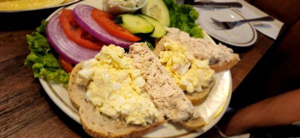 Open faced tuna egg salad sandwich