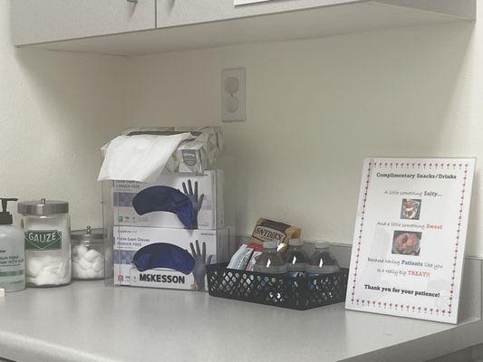 Courtesy snacks inside exam room..such a mindful way to ensure wait times are manageable!