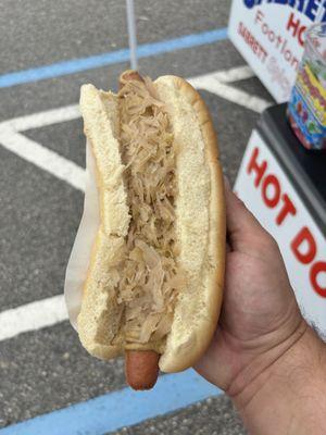 Foot Long Sabrett with Spicy Mustard and Sauerkraut on a perfectly steamed bun.