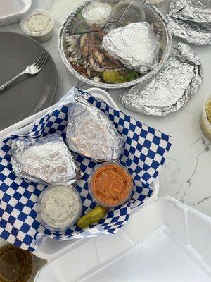 Dips and greek salad with chicken