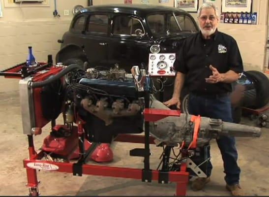 Sam Memmolo with his 429  caddilac motor on the Easy-Run engine test stand