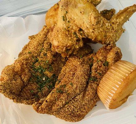 Combo #2 Crispy Fried Catfish Fillets Golden Fried While Chicken Wings  Cornbread Muffin