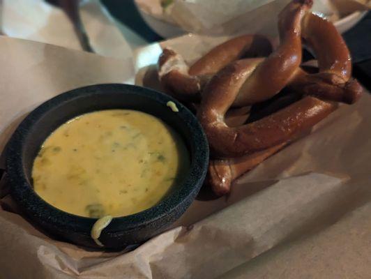 Queso with TWO pretzels!