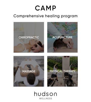 The C.A.M.P. program is a fully comprehensive approach to healing, exclusive to Hudson Wellness: Chiropractic, Acupuncture, Massage and PT