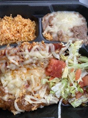 Chilli relleno, flautas, Spanish rice and charro beans