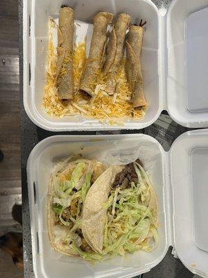 Rolled Tacos/Taquitos and Beef Taco Combo Plate.