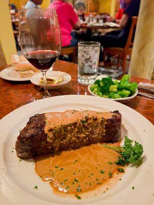 New York Cut Pepper Steak with steamed broccoli