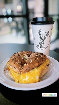 Hot chai tea & Everything Bagel with bacon, egg and cheese